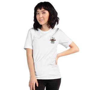 "Full Time Adventurer" (black/orange) graphic logo embroidered on the white Short-Sleeve Unisex T-Shirt