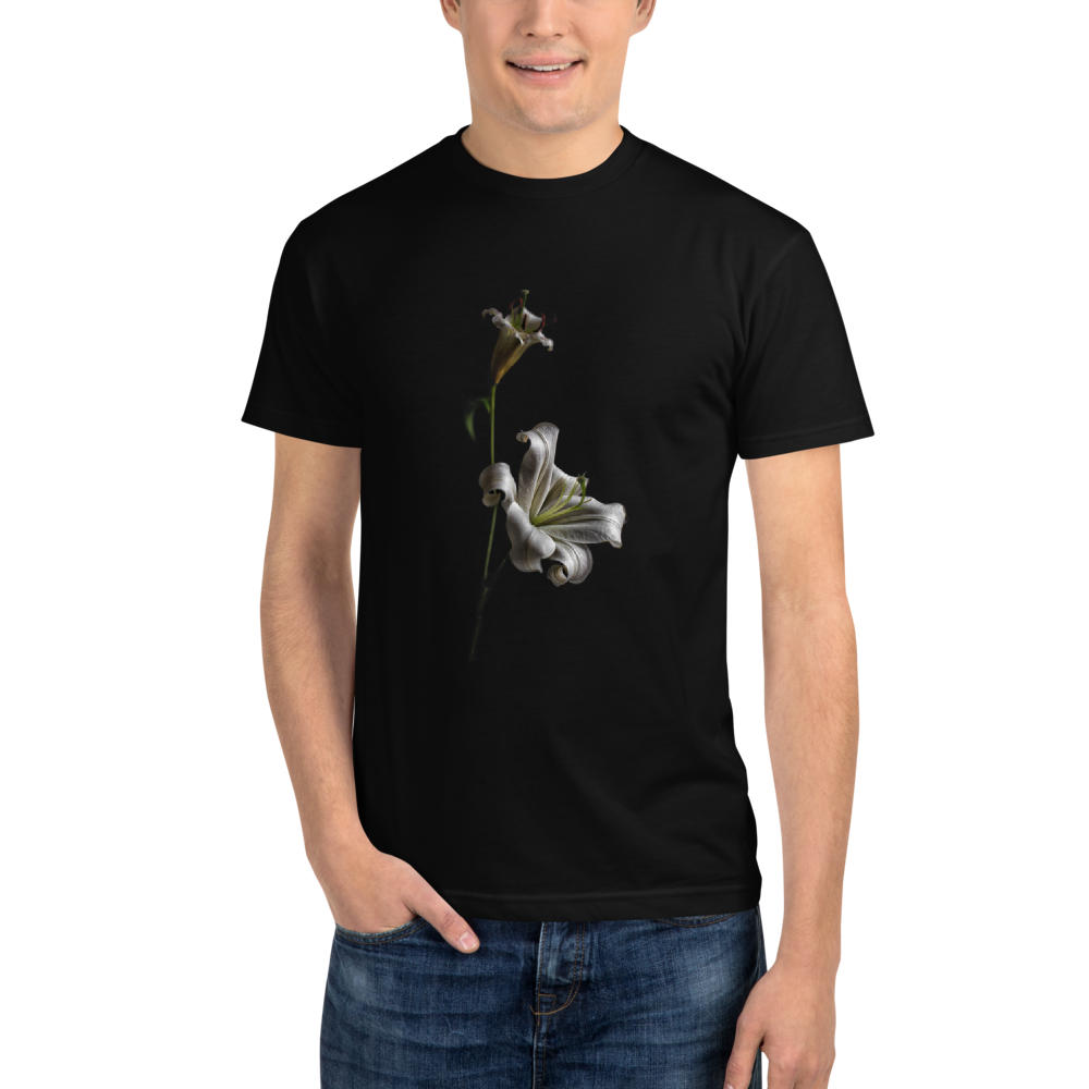 Bright White Lily on the black Sustainable T-Shirt