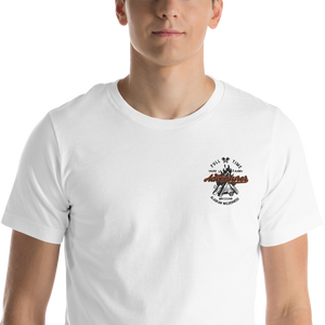 "Full Time Adventurer" (black/orange) graphic logo embroidered on the white Short-Sleeve Unisex T-Shirt